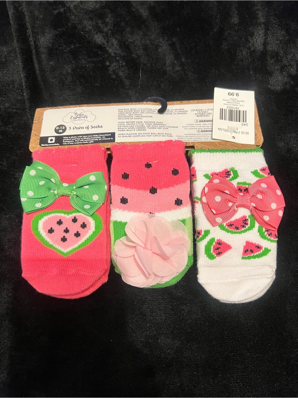 Baby Essentials Girls 3-Pack Watermelon Bow Socks - Pink, Green & White